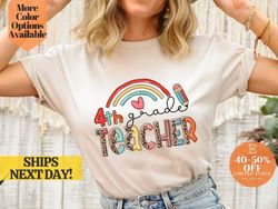colorful rainbow 4th grade teacher t-shirt, 4th grade teacher shirt - rainbow design, bright and fun 4th grade teacher t