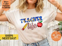 cute teacher life t-shirt with pencil and apple design, eye catching apple and pencil design tees for teachers