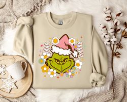 grinch pink christmas sweatshirt ,festive floral christmas sweatshirt, holiday bloom jumper, winter flowers pullover, xm