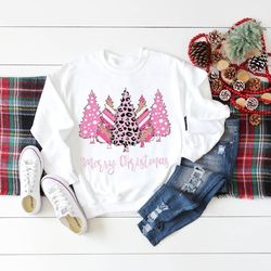 christmas shirt,leopard print christmas shirt, merry christmas pink christmas trees shirt, holiday shirt, cute christmas