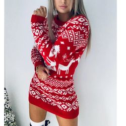 autumn winter women long sleeve loose christmas dress new year festival christmas print a-line mini dress ladies