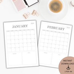 printable calendar 2024 format a4 | monday & sunday | minimalist monthly planner | download digital pdf calendar print