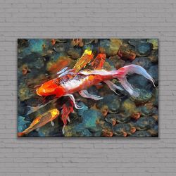 abstract modern oil painting of japanese koi fish, japanese koi canvas premium quality print, modern home decor, ready t