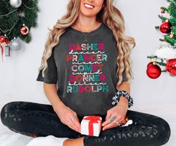 reindeer names multicolor t-shirt - christmas graphic tee - holiday festive shirt - winter apparel, festive reindeer nam