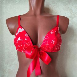 christmas bra pattern plus size, sizes 29-33, bow bra pattern, front closure bra pattern, front tie bra pattern