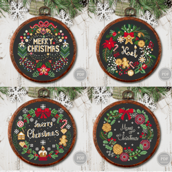 christmas wreath cross stitch pattern set, christmas decorations for home, instant download pdf 394