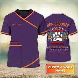 stylish & personalized 3d dog groomer shirt: purple pet uniform - soulful canine attire