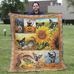 cat throw blanket - cat on pumpkin and sunflower quilt blanket - gift for halloween day.jpg
