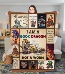 dragon blanket, i am a book dragon not a worm, book dragon fleece sherpa blanket, christmas blanket, dragon birthday , b