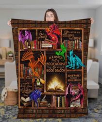 dragon blanket, in a world full of bookworms be a book dragon fleece sherpa blanket, christmas blanket, dragon birthday