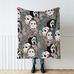 floral horror halloween movie michael myers fleece blanket, jason voorhees blanket, velveteen quilt blanket, gift classi