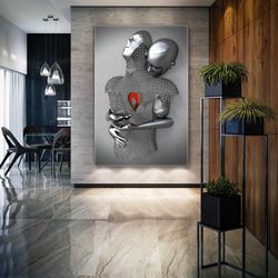 double red heart made of wrapped metal and chain metallic gray romantic roll up canvas, stretched canvas art, framed wal