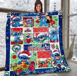 christmas gift, stitch christmas quilt, stitch merry christmas quilt, funny stitch family quilt, cute stitch quilt, lilo