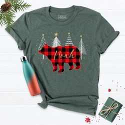personalized bear family matching christmas tshirt, winter bear graphic shirt, buffalo plaid christmas shirts, xmas fami