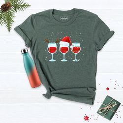 three christmas wine glasses shirt, santa wine glass t-shirt, christmas santa hat shirts, funny wine lover shirt, christ