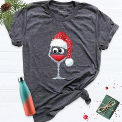 wine glass funny christmas shirt, drinking christmas party shirt, wine lover tee, xmas drink shirt, santa hat christmas