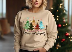 merry and bright trees, womens christmas shirt, womans holiday shirt,christmas gift,chic winter shirt,cute holiday tee,c
