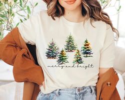 merry and bright trees, womens christmas shirt, womans holiday shirt,christmas gift,chic winter shirt,cute holiday tee,c