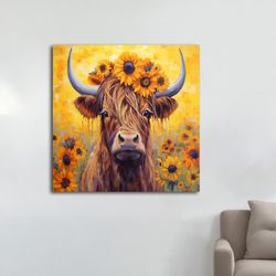 cow canvas, cow with sunflowers canvas painting, bull on canvas  bull wall art  bull print  bull poster  longhorn bull