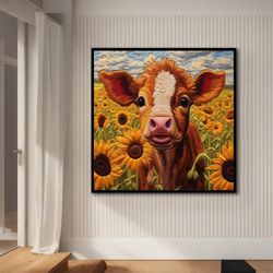 cow canvas, cute cow in sunflower field canvas painting ,