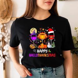 happy hallothanksmas wine shirt, funny gnome shirt, cute drinking t-shirt, women christmas shirt, thanksgiving tee, hall