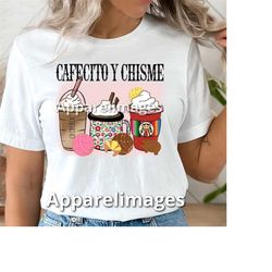 ready to press cafecito y chisme dtf transfer, heat press, vibrant shirt, durable shirt image, coffee lovers shirt, gift
