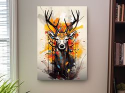 abstract splattered painting of a deers head ,canvas wrapped on pine frame