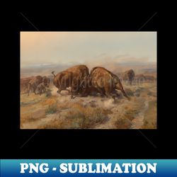 bison fight - vintage western american art - png transparent sublimation file - bold & eye-catching