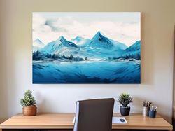 detailed drawing, mountain landscape by a lake ,canvas wrapped on pine frame