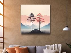 minimal pastel art, two trees before the mountain landscape ,canvas wrapped on pine frame