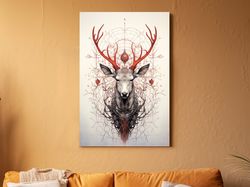 ornate illustration of a deers head ,canvas wrapped on pine frame