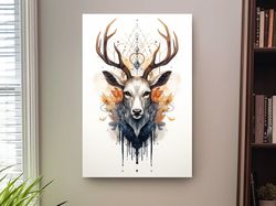 ornate tribal style illustration of deer head with flowers ,canvas wrapped on pine frame