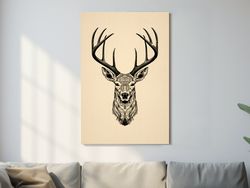 sepia tone tattoo style illustration of a deers head ,canvas wrapped on pine frame