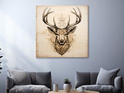 subtle wood burning art of an elegant deer head ,canvas wrapped on pine frame