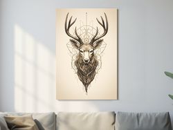 tattoo style art of an ornamental deer head ,canvas wrapped on pine frame