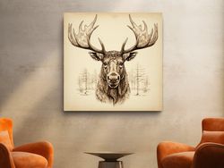 vintage portrait style pencil drawing of a moose head ,canvas wrapped on pine frame