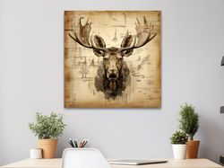 vintage style art, moose head on wood print ,canvas wrapped on pine frame