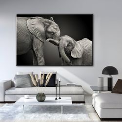 elephant canvas, elephant art print,african elephant baby and mom, elephant painting, elephant wall art, elephant wall d
