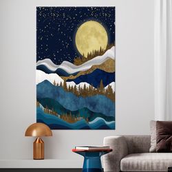 full moon landscape, full moon canvas, mountain landscape, starry sky wall art, night landscape canvas, mountain wall ar