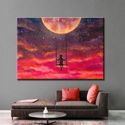 moon and girl, red clouds wall art, moon wall art, abstract wall art, moon canvas, modern wall art, abstract canvas, wal