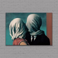 rene magritte famous art canvas or poster, painting couple kiss romantic wall art, extra large canvas decor, ready to ha