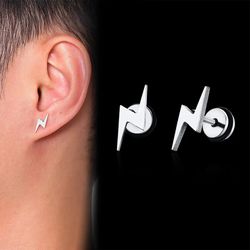 mens cool lightning shaped stud earrings and black tone stainless steel accessory wholesale