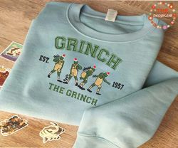 merry christmas green monster 1957 embroidery sweatshirt, happy christmas embroidery sweatshirt, movie christmas embroid