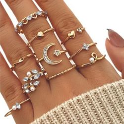 boho gold color heart rings set for women vintage geometric cross pearl butterfly finger rings female trendy jewelry