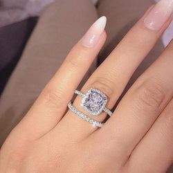 2pcs luxury geometric big clear aaa cz cubic zirconia decor silver color ring for women multipack wedding jewelry gift