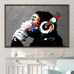 banksy thinking monkey with headphones canvas art print, frame large wall art, gift, wall decor