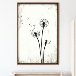 black and white grunge dandelion flower canvas art print, frame large wall art, gift, wall decor