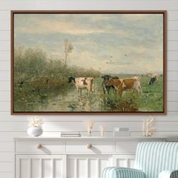 framed canvas oil painting landscape large wall art,pastel valley cow farm field nature wilderness illustration,abstract