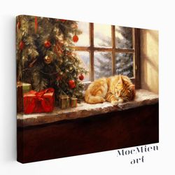 adorable cat peacefully sunbathing next to the christmas tree in a cozy cottagecore room wall art oil painting canvas po