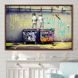 banksy life is short chill the duck out canvas art print, frame large wall art, gift, wall decor